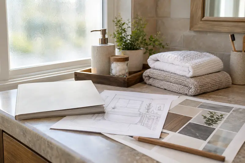 Illustrative bathroom planning papers and closed notebook beside towels and a frosted window.