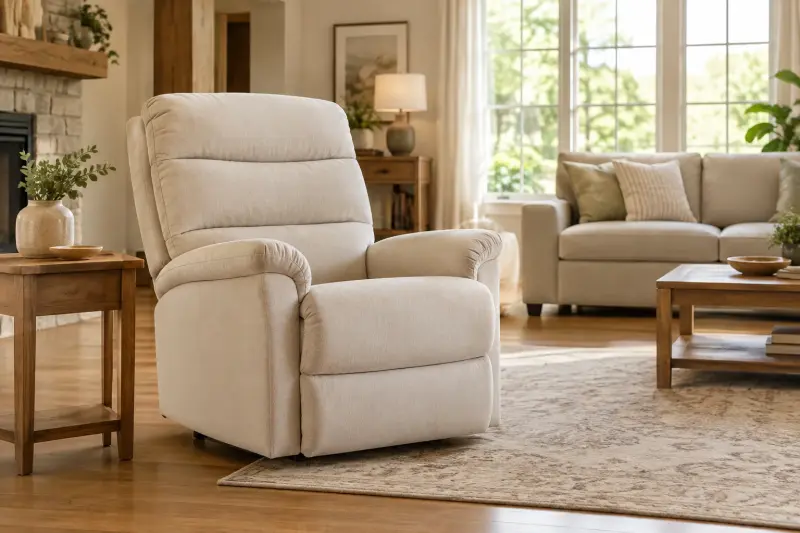 Illustrative photograph of an empty upright upholstered recliner in a living room with wooden tables.