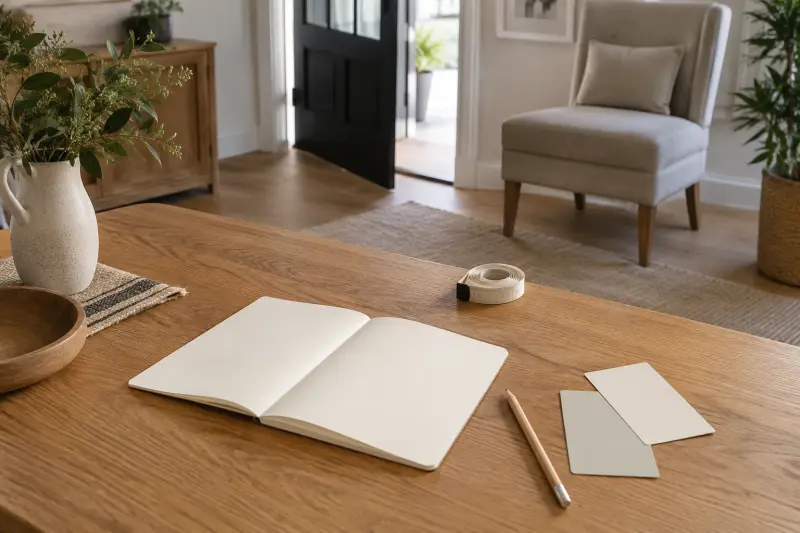 Illustrative photograph of a blank planning notebook and rolled measuring tape on a table in a living room.