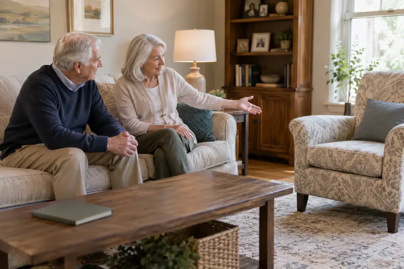 Illustrative photograph of a couple discussing an empty armchair while seated on their sofa.