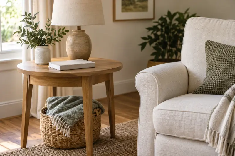 Illustrative photograph of a wooden side table, lamp and throw basket beside an empty upholstered chair.