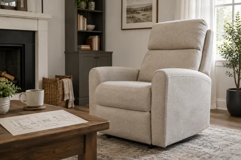 Illustrative upright unbranded recliner with a room sketch on the foreground table.