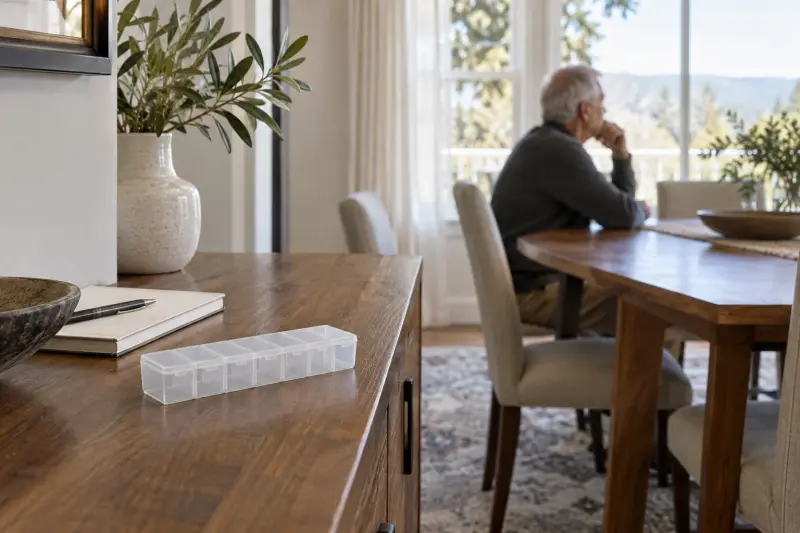 Empty unlabelled compartment container on a sideboard in a dining room