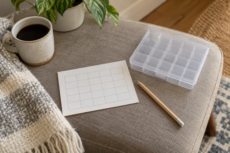 Blank grid card, pencil and empty compartment case on a fabric bench