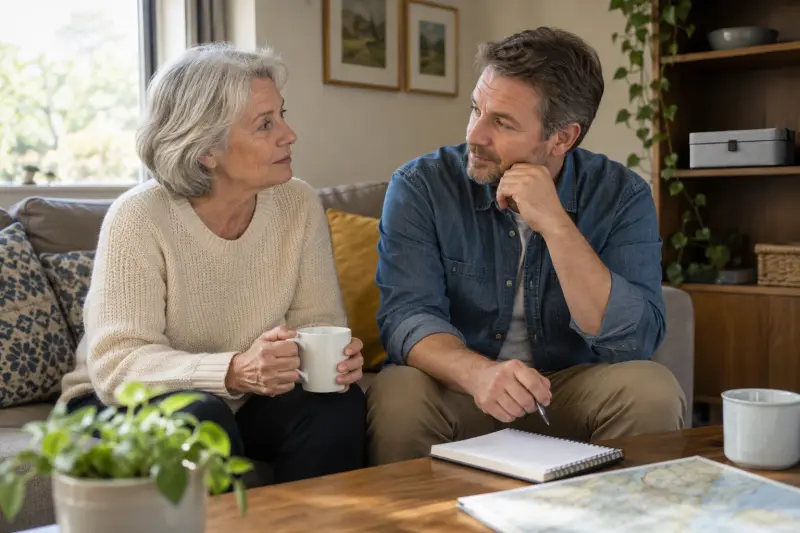 Two adults talking at home beside a blank notebook