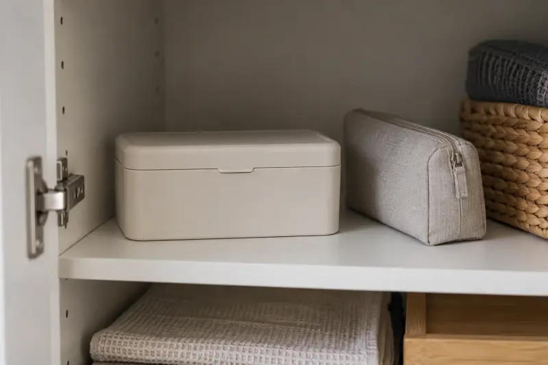 Closed plain container and fabric pouch on a household cupboard shelf