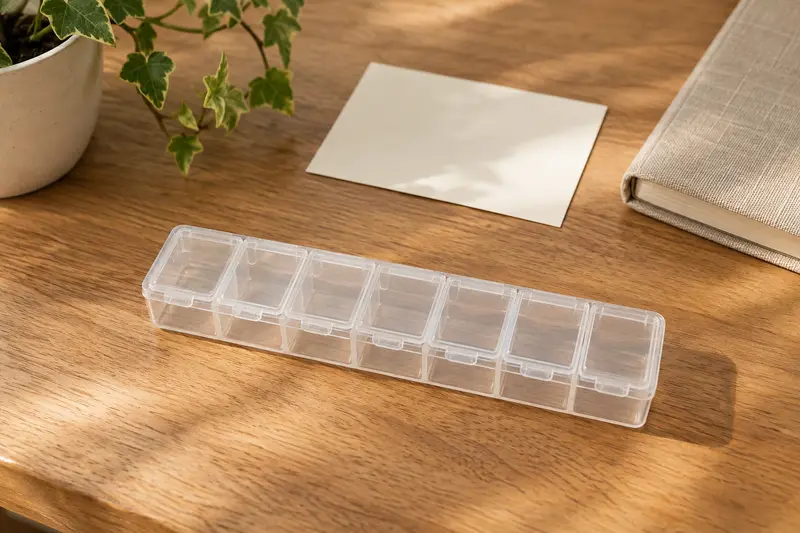 Illustrative empty transparent compartment organizer beside a blank card and folder.